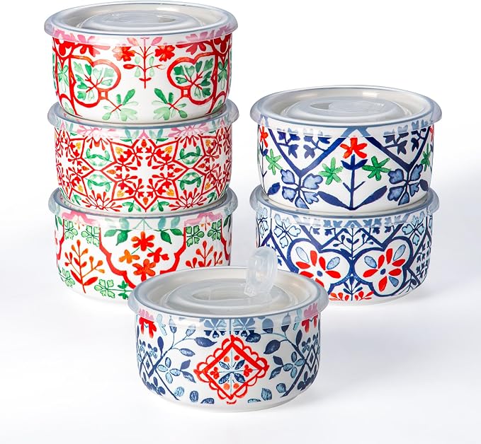Ceramic Bowl with Lid, Microwave Safe, Set of 6 | Food Storage Containers for Soup, Meal Prep, Cereal, Salad Leftovers - Picnic, Camping, Office Lunch - 20 oz, A-Pattern
