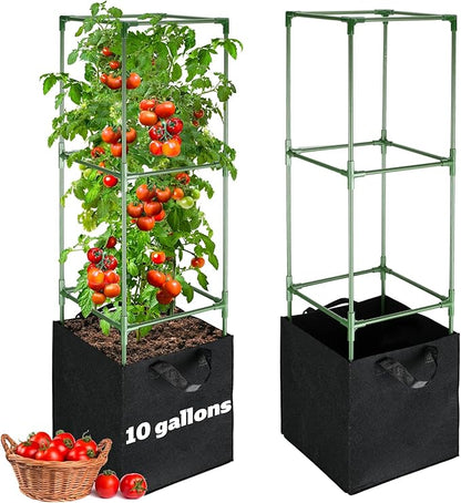 ANPHSIN 3 Sets Tomato Cages with 10 Gallon Grow Bags - 47'' Stable Plant Support Trellis Kit, Square Cages with Planter Pots for Garden Flowers Vegetables Cucumber Vertical Climbing Plants Vines