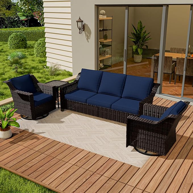 Vista Vibe 4 Pieces Outdoor Patio Conversation Furniture Set - 78" 3-Seat Sofa | 2 Swivel Glider Rocker Chairs | Wicker End Table, Rattan Loveseat, Upholstered Couch, Garden, Deck (Brown/Navy)