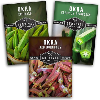 Okra Seeds Collection for Planting - 3 Heirloom Okras: Clemson Spineless, Red Burgundy, & Emerald Green Varieties - Non-GMO Vegetable Garden Variety Pack for Outdoor Growing - Survival Garden Seeds