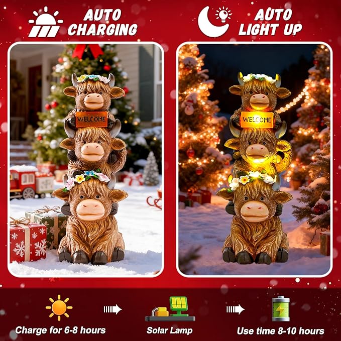 Christmas Highland Cow Statue Solar Outdoor Decor with Flower Decoration Garden Highland Cow Decor Birthday Gifts for Women Mom Winter Highland Cows Figurine for Yard Garden Lawn Decor