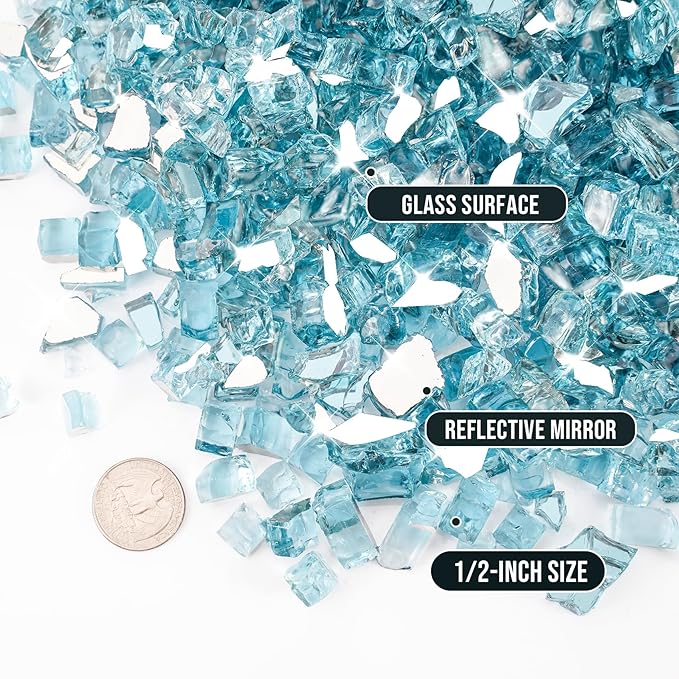 Skyflame 10-Pound Fire Glass for Fireplace Fire Pit and Landscaping, 1/2-Inch Aqua Blue Reflective