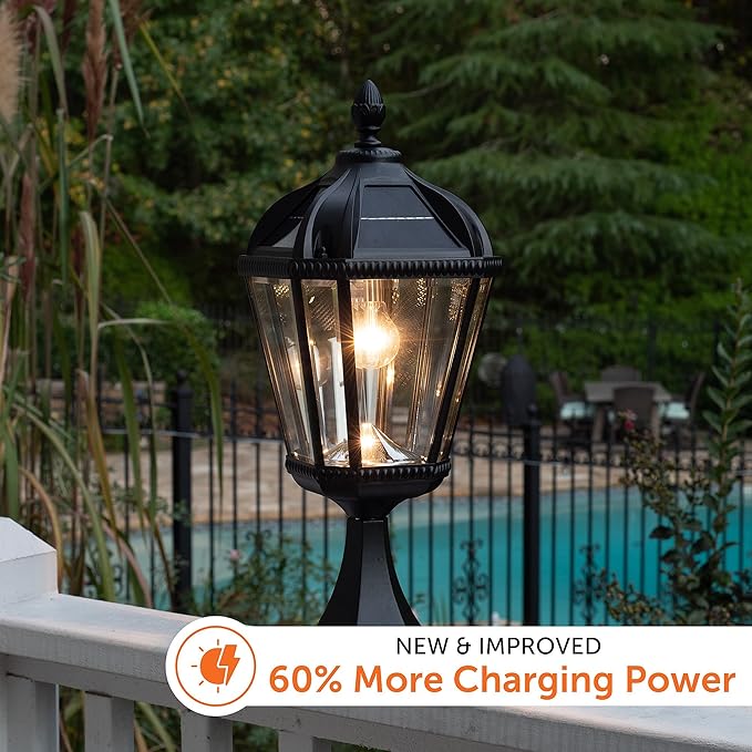 Gama Sonic Outdoor Solar Post Light with Pier Base, Black Aluminum and Beveled Glass, Royal Bulb 150 Lumens Warm White LED, Mount on Column, Pillar, or Flat Exterior Surface (98B011) (Upgraded)