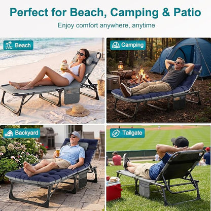 ABORON Tanning Chairs, 2 Pack, 5-Position Padded Folding Loungers | Set of 2 folding chaise lounges with 5-position backs, padded mats and pillows; supports up to 500 lb per chair.