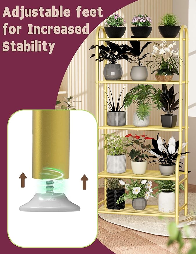 5-Tier Metal Plant Stand - Heavy Duty Indoor Outdoor Flower Shelf for Multiple Pots, 65" Tall Vertical Holder with Adjustable Leveling Feet & Wall-Fixing Kits, Gold