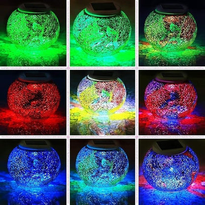 Waterproof Color Changing Table Lamp, Solar Powered Mosaic Glass Ball LED Garden Lawn Night Light Lamps, Party Lights for Home,Yard, Indoor,Outdoor Decoration Lights (Tricolor Plating)