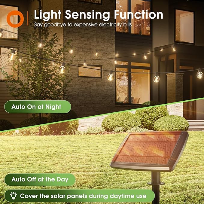 addlon 100FT Solar String Lights Outdoor with Remote, 54 LED Shatterproof Bulbs, Dimmable & Timable, 3 Light Modes, G40 Waterproof Solar String Lights for Outside Backyard Party Decor