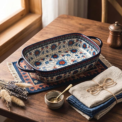 Ceramic Baking Dish with Handles, ceramic bakeware，Hand-painted Polish Pottery Baking Dish Set of 2,Baking Pan Lasagna Pan, Rectangular, Floral Pattern,baking tray Oven Safe 13.22x7.5x2.8 In (blue)