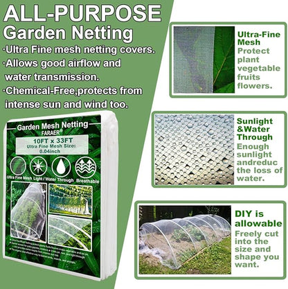 Garden Netting, Plant Covers 10x33Ft Net Ultra Fine Mesh Protection Netting for Vegetable Plants Fruits Flowers Crops Greenhouse Row Cover Raised Bed Barrier Screen Protection Net Cover