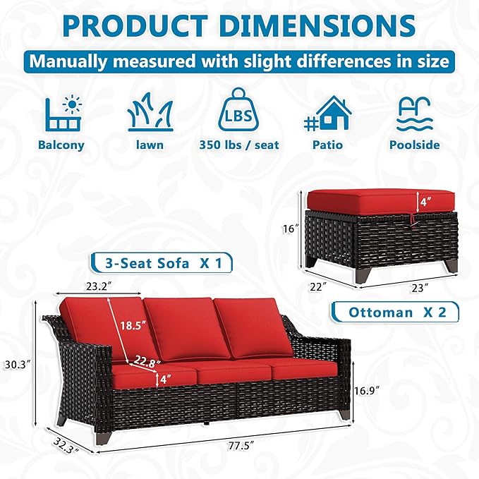 Vista Vibe 3 Pieces Outdoor Patio Conversation Furniture Set - 78" 3-seat Sofa | 2 Wicker Ottomans, Deep Seat Loveseat with Removable Cushions, Hand-Woven PE Rattan Couch, Lawn (Brown/Red)
