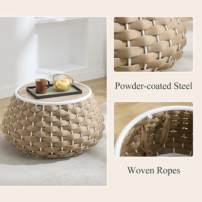30.5 inch Outdoor Side Table, Large Patio End Table with Removable Lid Round Accent Side Tables with Metal Frame and Hollow Out Bottom for Patio, Balcony Porch, Poolside, Garden, Yard, Brown