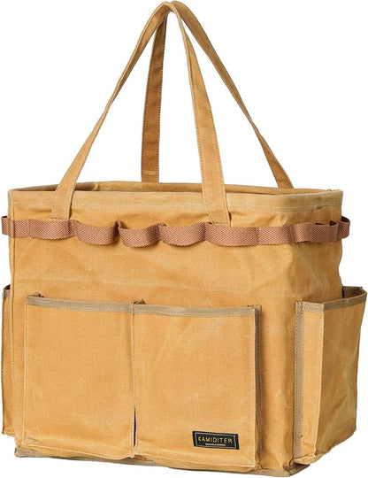 Water Resistant Gardening Tool Bag with Handles - 6 Pockets Utility Self-Standing Organizer for Camping/Garden/Car Storage, 14" x 13" x 10" | Khaki