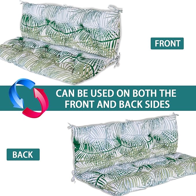 Swing Replacement Seat Cushions, 2-3 Seater Bench Cushions for Outdoor Furnitur with Backrest, Garden Recliner Seat Cushions Waterproof Sofa Pads (Green Leaves, 60x40in)
