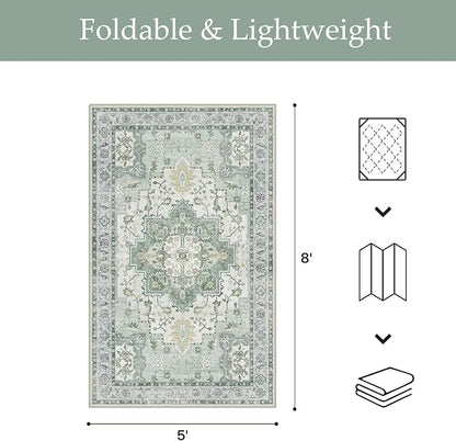GENIMO Outdoor & Indoor Area Rug 5'x8', Waterproof, Non-Shedding, Easy Cleaning, Boho Mat for Patio, Living Room, Balcony, Dining Room, RV, Deck, Bedroom, Camping, Outside Carpet,Light Green