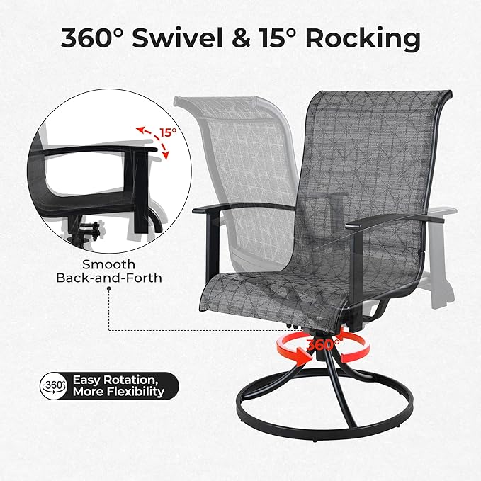Grand patio Outdoor Swivel Dining Chairs Set of 2, 360 Degree Mesh Sling Rocker Sets for Deck, Garden Backyard, Black & Grey Plaid