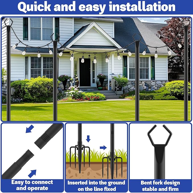 7 Pack 10 ft Heavy Duty Metal String Light Poles Adjustable Outdoor Lighting Stand for Patio,Backyard,Garden,Party & Wedding Rustproof & Sturdy with Hooks