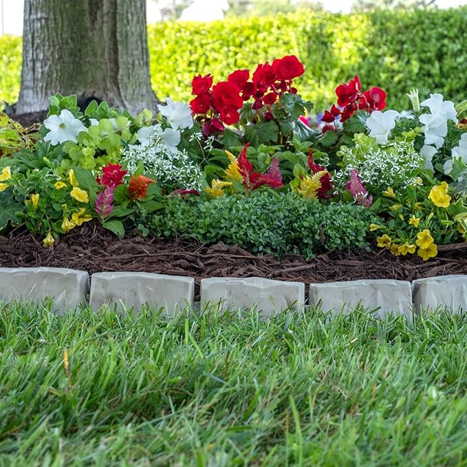 EasyFlex No-Dig Landscape Edging with Anchoring Spikes, 2.7 in Tall Decorative Stone-Look Garden Border, 15 Foot Kit, Brown