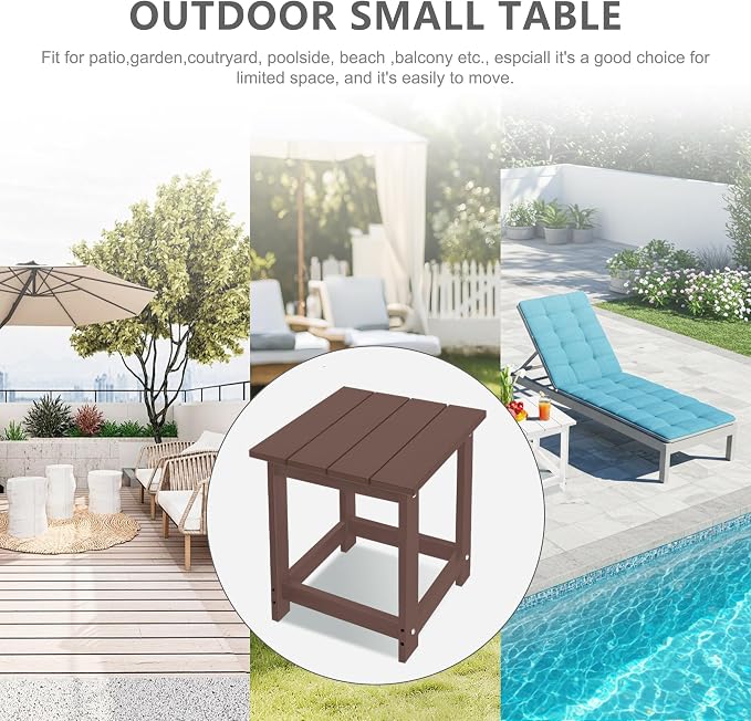 LZRS Square Patio Side Table, Heavy Duty HDPE Outdoor End Table with Wood Texture, Weatherproof Composite Table for Adirondack Chairs, Deck, Pool, Indoor/Outdoor, No Peeling or Cracking(Brown)