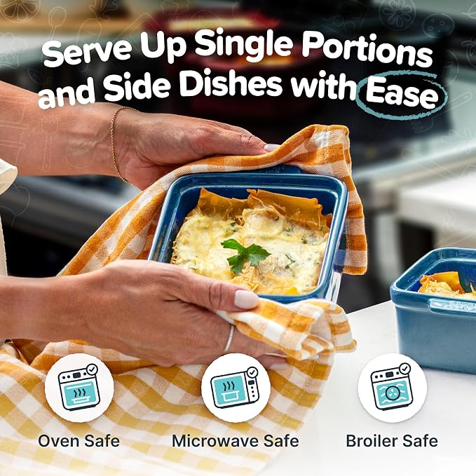 Souper Cubes Ceramic Baking Dishes 2.0-5" x 5" Baking Dishes with Silicone Lids, Individual Baking Dishes for Oven, Microwave, Oven and Air Fryer Safe, USA Made, Set of 2 - Blueberry