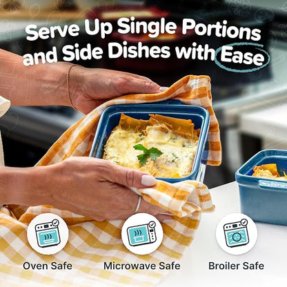 Souper Cubes Ceramic Baking Dishes 2.0-5" x 5" Baking Dishes with Silicone Lids, Individual Baking Dishes for Oven, Microwave, Oven and Air Fryer Safe, USA Made, Set of 2 - Blueberry
