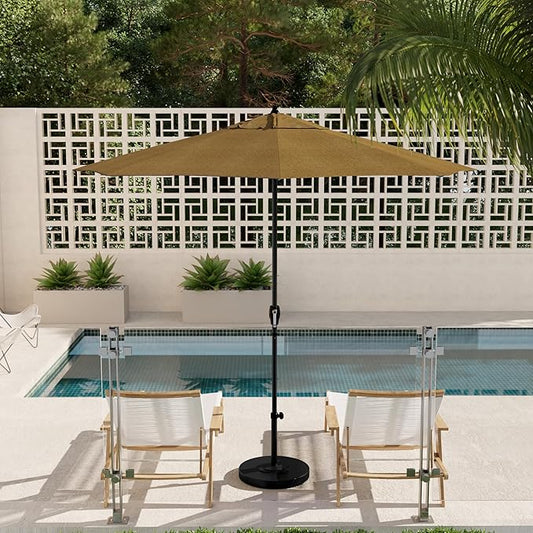 California Umbrella 9' Rd Aluminum Patio Umbrella, Crank Lift, Auto Tilt, Black Finish, Sunbrella Linen Sesame
