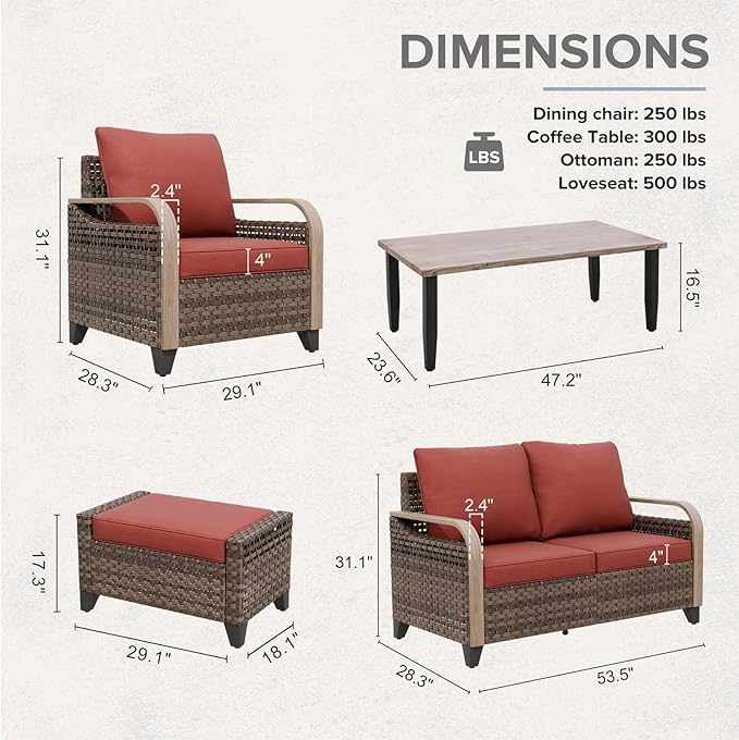 COOS BAY Modern Wicker Outdoor Furniture Set, Patio Conversation Set with Patio Chairs, 2 Seat Loveseat, Ottomans, and Coffee Table, 6 Piece, Brown/Red