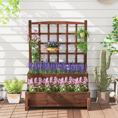 Giantex Raised Garden Bed with Legs and Trellis, 2-Tier Standing Planter Box with Drain Holes, Outdoor Elevated Garden Trellis for Vine Climbing, Flower Vegetable Fruit Herb Growing, Rustic Brown