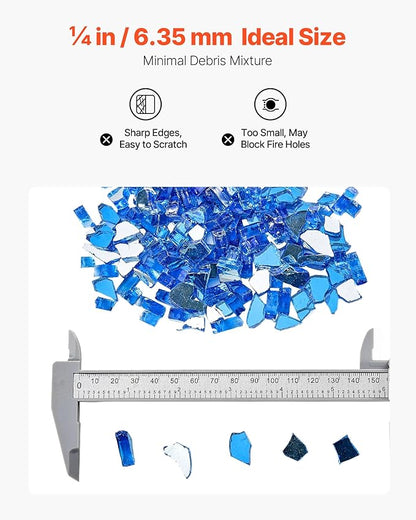 VEVOR Fire Glass, 10LBS / 4.5KG High-Temperature Resistant Fireplace Rocks, 1/4-Inch / 6.35 mm Reflective & Smokeless Firepit Glass Rock, High Luster Stone Landscaping for Fire Pit Table, Cobalt Blue