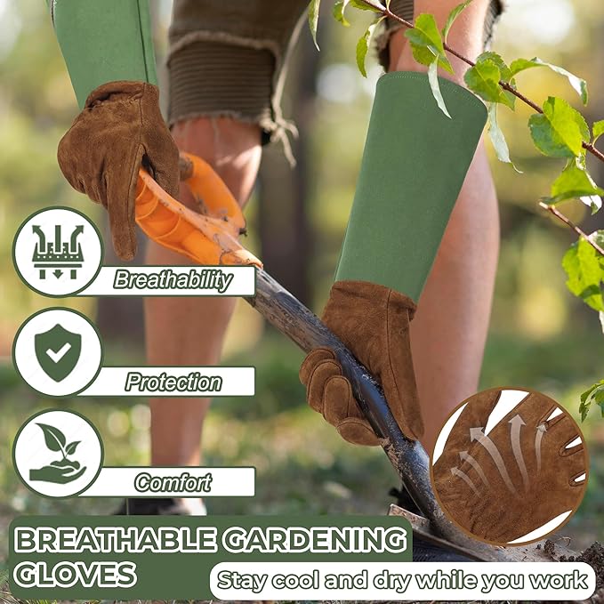 HLDD HANDLANDY Long Gardening Gloves for Women Men - Leather Rose Pruning Gloves Thorn Proof - Breathable Working Glove
