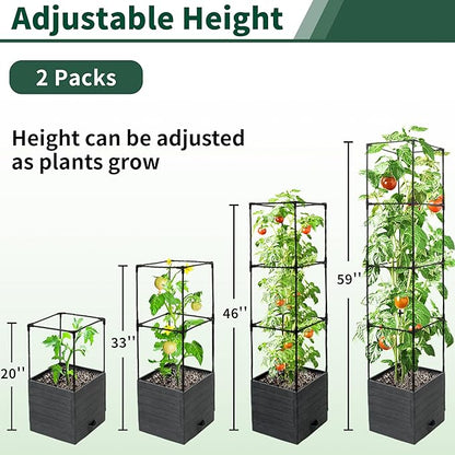 Tomato Planter with Trellis, 57 Inch Self-Watering Planter Box 2-Pack, Grey Planter with Metal Support for Outdoor Indoor Climbing Plants