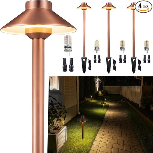 Gardenreet Brass Copper Low Voltage Path Lights, Landscape Pathway Light, 12V LED Outdoor Bronze Hat Top Walkway Lamp for Driveway Yard Garden with 3W 270LM 5000K G4 Bulb 4 Pack