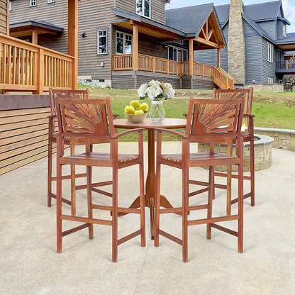 COSTWAY Bar Stools Set of 4, Outdoor Acacia Wood Bar Chairs with Sunflower Backrest, Curved Armrests & Breathable Seat, Ideal for Balcony, Sunroom, Patio, Easy Assembly