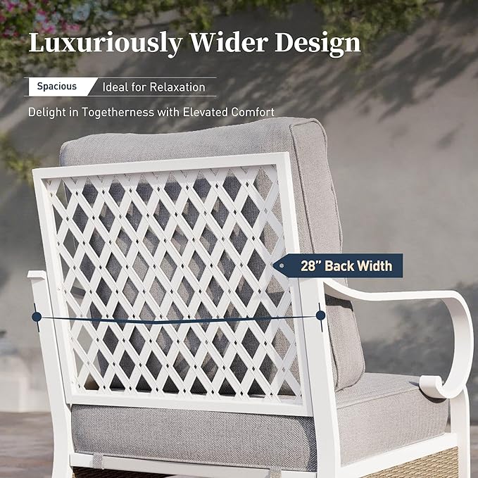 4 PCS Metal Outdoor Patio Furniture Set, Patio Conversation Set 1 3-Seater Sofa, 2 Rocking Chairs with 5.75" Extra Thick Cushion and Coffee Table, White Frame Backyard Furniture, Gray