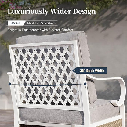 4 PCS Metal Outdoor Patio Furniture Set, Patio Conversation Set 1 3-Seater Sofa, 2 Rocking Chairs with 5.75" Extra Thick Cushion and Coffee Table, White Frame Backyard Furniture, Gray