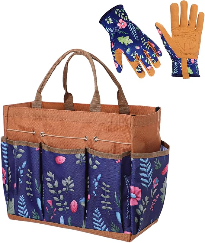 2 Pcs Heavy Duty Gardening Tools, Leather Gloves with Multi-Pocket Tote Bag, Thorn Resistant Non Slip Fashion Durable Set, Breathable Comfortable Ergonomic Gardening Gifts for Women