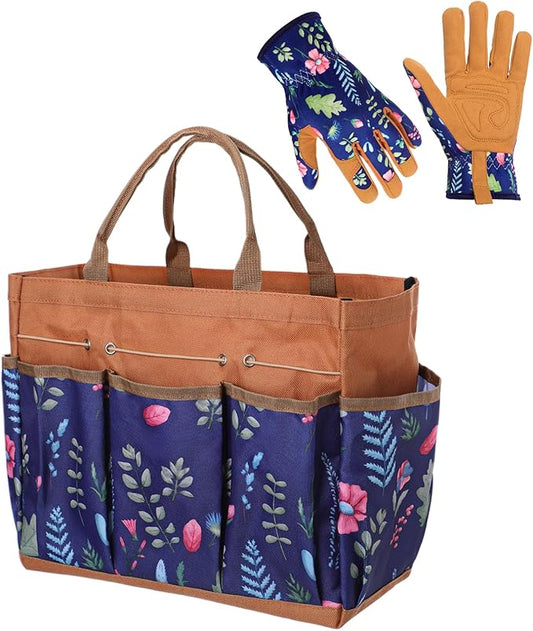 2 Pcs Heavy Duty Gardening Tools, Leather Gloves with Multi-Pocket Tote Bag, Thorn Resistant Non Slip Fashion Durable Set, Breathable Comfortable Ergonomic Gardening Gifts for Women