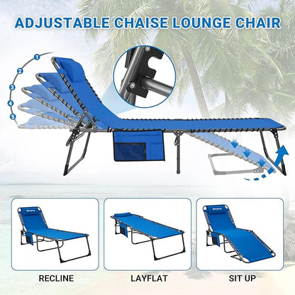 KingCamp Lounge Chair Outdoor, Folding Portable Tanning Chairs Comfy Adjustable 5-Position Lay Flat Foldable Chaise Chaser Lounger with Pillow for Outside Beach Patio Sun Bathing Pool Backyard, Blue