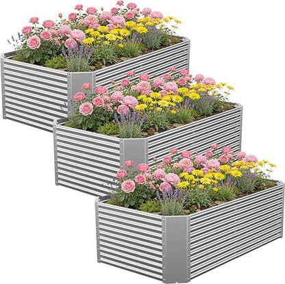 3 Pcs 4 x 2 x 1.4 FT Galvanized Steel Raised Garden Bed – Outdoor Planter Box for Root Vegetables, Herbs & Flowers, Large Metal Garden Beds for Backyards, Terraces and Balconies