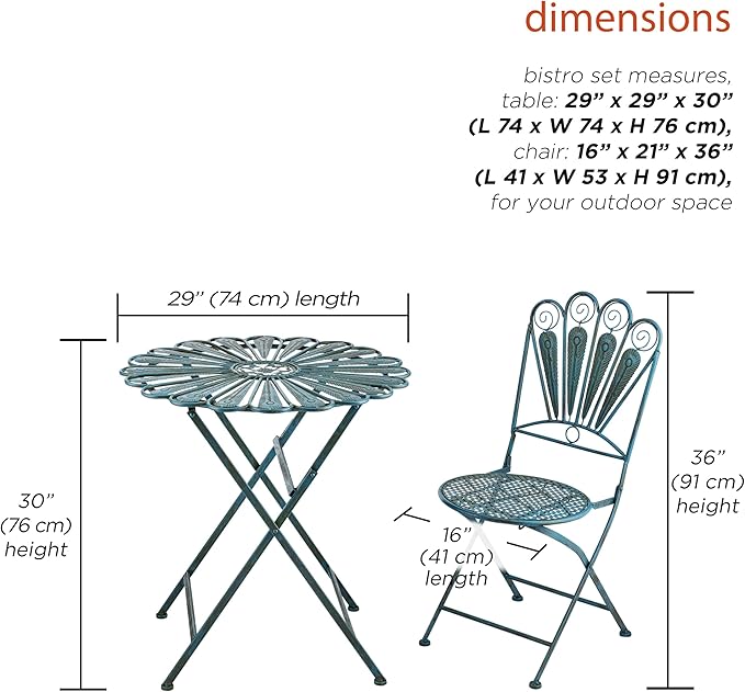 Alpine Corporation Indoor/Outdoor 3-Piece Peacock Feather Rustic Metal Bistro Set Patio Seating, Light Blue