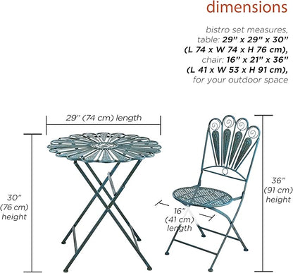 Alpine Corporation Indoor/Outdoor 3-Piece Peacock Feather Rustic Metal Bistro Set Patio Seating, Light Blue