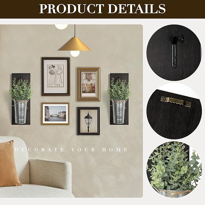 SHOHAYTO Farmhouse Wall Decor Set of 2 - Wood Hanging Planters with Artificial Eucalyptus, Rustic Vertical Pocket Vases for Bathroom Kitchen, Indoor Greenery Decor