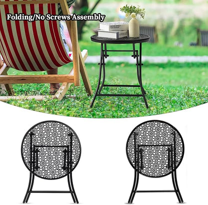 TeoKJ Folding Small Outdoor Side Tables, Anti Rust Small Patio Table Round Metal Nightstand with Flower Cutouts for Porch Yard Balcony Deck Lawn, Black