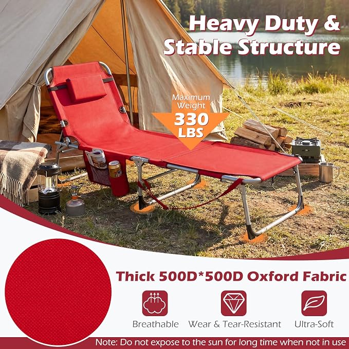 GYMAX Tanning Chair, 3 in 1 Sun Bathing Lounge Chairs with Face/Arm Holes & Side Pocket, Portable Lightweight Face Down Layout Tanning Chair for Outside, Beach, Backyard, Poolside (2, Red)