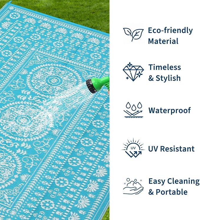 Garvee Reversible Outdoor Rug 8x10 for Patio, Waterproof Outdoor Area Rug, Modern Medallion Indoor Outdoor Rugs, Plastic Straw Rug for RV, Camping, Deck, Vintage Blue