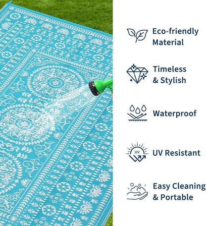 Garvee Reversible Outdoor Rug 8x10 for Patio, Waterproof Outdoor Area Rug, Modern Medallion Indoor Outdoor Rugs, Plastic Straw Rug for RV, Camping, Deck, Vintage Blue