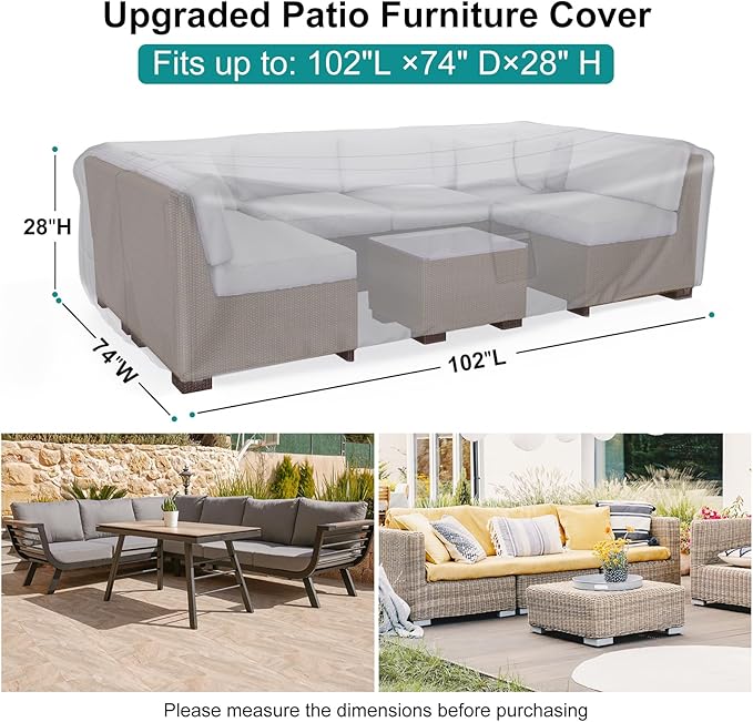 Patio Furniture Set Cover Waterproof, Heavy Duty 600D Furniture Covers for Outdoor Sectional Sofa Set Wicker Rattan Table Chair Rectangular,102"L×74"W×28"H,Grey