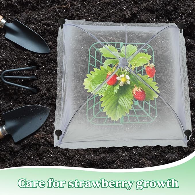 FoldTier 6 Sets Strawberry Supports with Plant Protectors from Animals, Strawberry Growing Racks and Mesh Plant Cover with Plastic Garden Lawn Stakes and Storage Bag for Garden Strawberry Vegetables