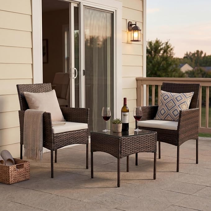 Sweetcrispy 3 Piece Patio Furniture Set, All-Weather Outdoor Conversation with Removable Cushions & Tempered Glass Table, Small Wicker Bistro Set for Balcony, Porch, Backyard, Deck, Brown