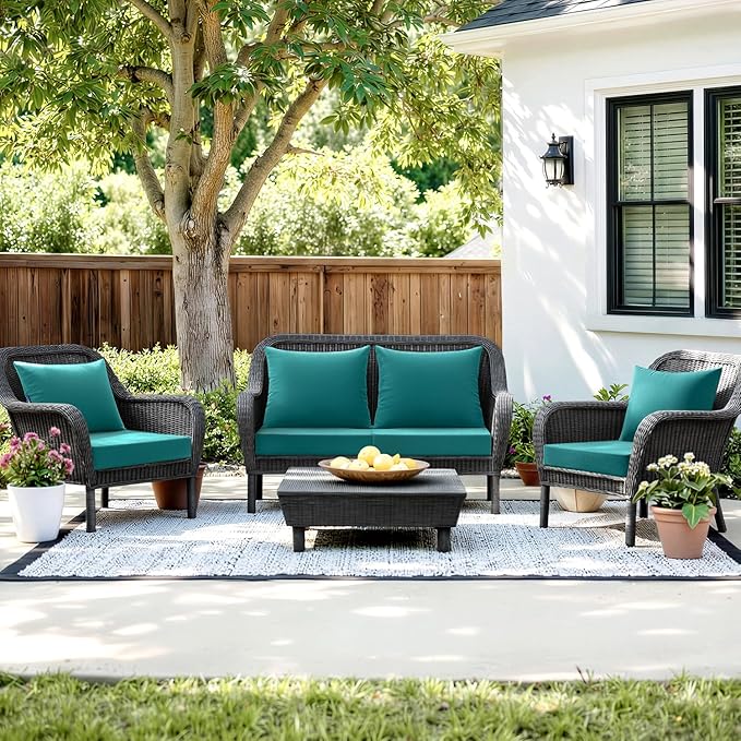 MIULEE Turquoise Outdoor Chair Cushion 24x24 Inch for Patio Furniture Linen Textured Waterproof & 3 Year Color Fastness Seat and Back Couch Cushion with Ties No Slip Design