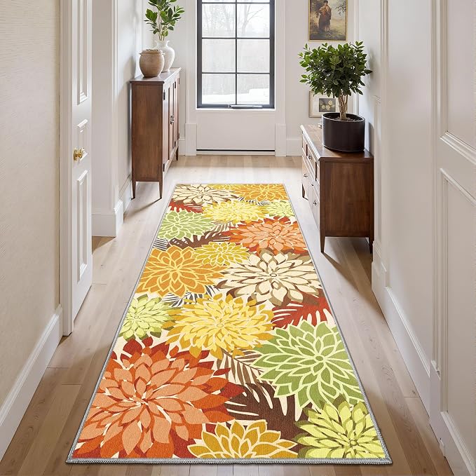 Colorful 2x6 Washable Runner Rug for Hallway Tropical Botanical Modern Floral Chenille Kitchen Rugs Low Pile Non Slip Carpet for Patio, Bedroom, Laundry, Orange